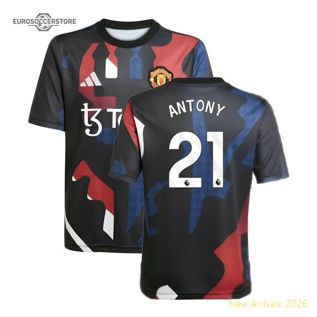 2024-2025 Man Utd Pre-Match Jersey (Black) - Kids (Antony 21)-Vantage Point Soccer
