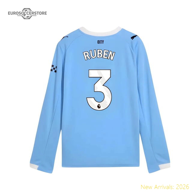 2025-2026 Man City Long Sleeve Home Shirt (Kids) (Ruben 3)-Vantage Point Soccer