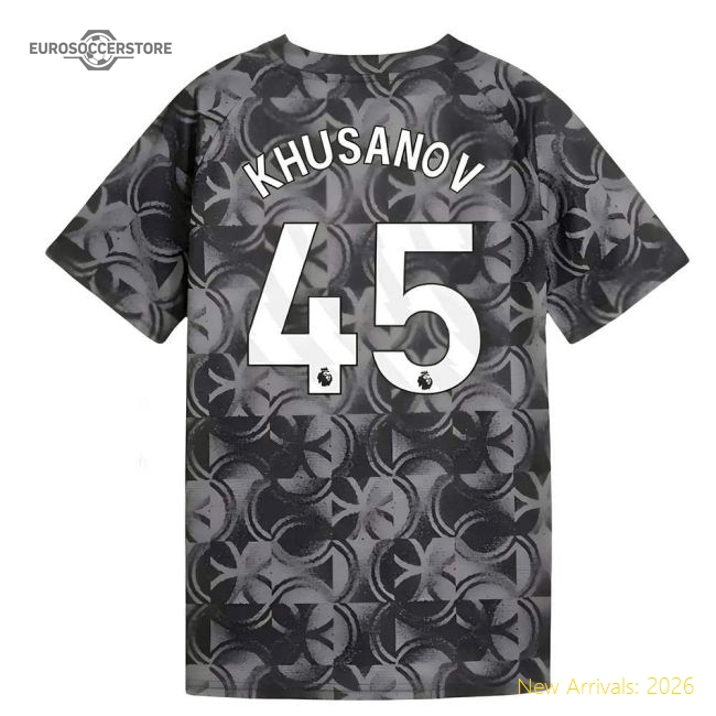2025-2026 Man City Warm Up Jersey (Black) - Kids (Khusanov 45)-Vantage Point Soccer
