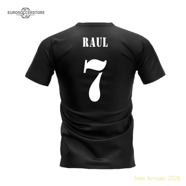 Real Madrid 2002-2003 Retro Shirt T-shirt (Black) (RAUL 7)-Vantage Point Soccer