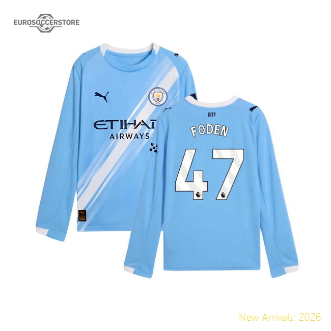 2025-2026 Man City Long Sleeve Home Shirt (Kids) (Foden 47)-Vantage Point Soccer