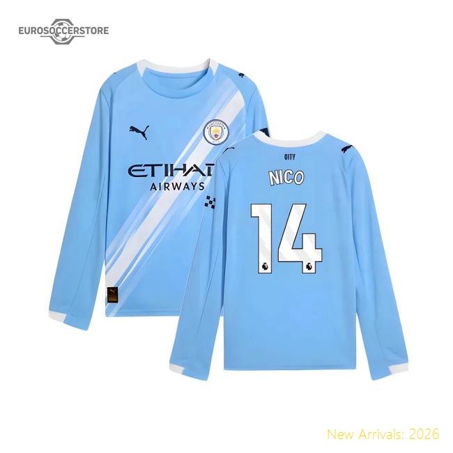 2025-2026 Man City Long Sleeve Home Shirt (Kids) (Nico 14)-Vantage Point Soccer