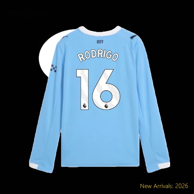 2025-2026 Man City Long Sleeve Home Shirt (Kids) (Rodrigo 16)-Vantage Point Soccer