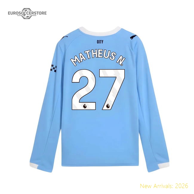 2025-2026 Man City Long Sleeve Home Shirt (Kids) (Matheus N. 27)-Vantage Point Soccer