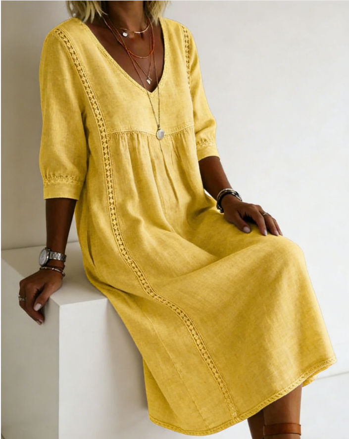 🤩🤩Casual Loose-fitting Patchwork Lace Trim Linen And Cotton Dress