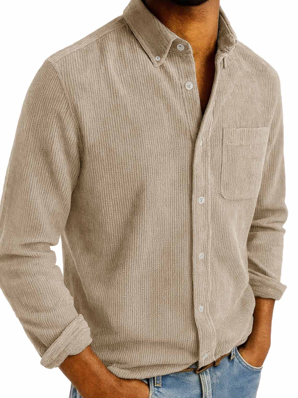 Men's Fashion Retro Daily Casual Corduroy Fabric Lapel Long Sleeve Pocket Shirt