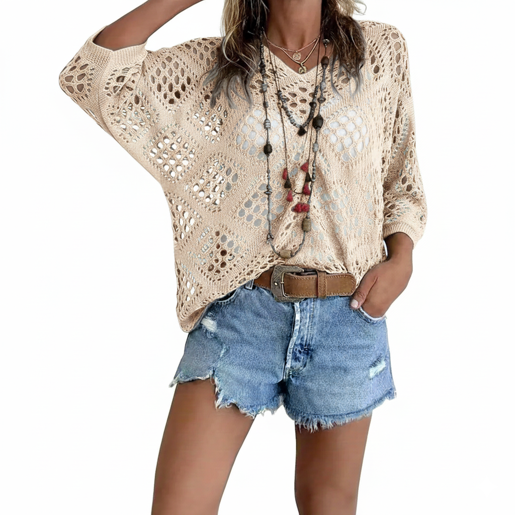 New Arrivals 🔥Women's Bohemian-Inspired Beige Crochet Top with V-Neck
