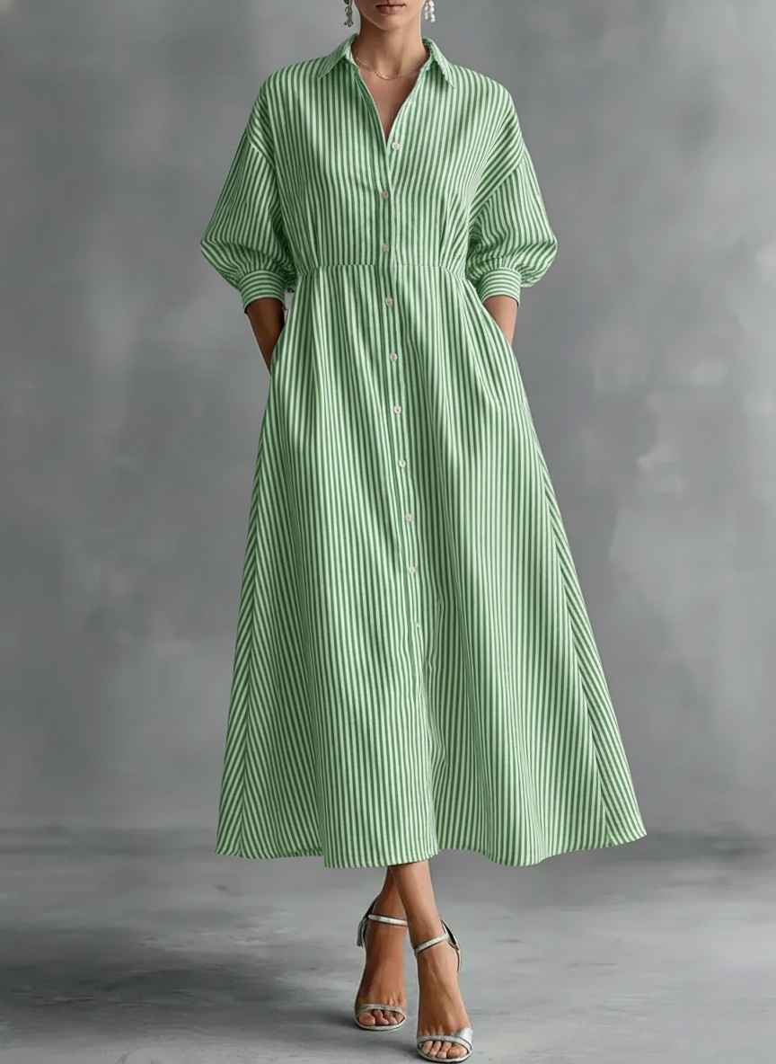 New Arrivals🔥Women's Striped Art Lapel Button Art Casual Stylish Cotton Linen Dress