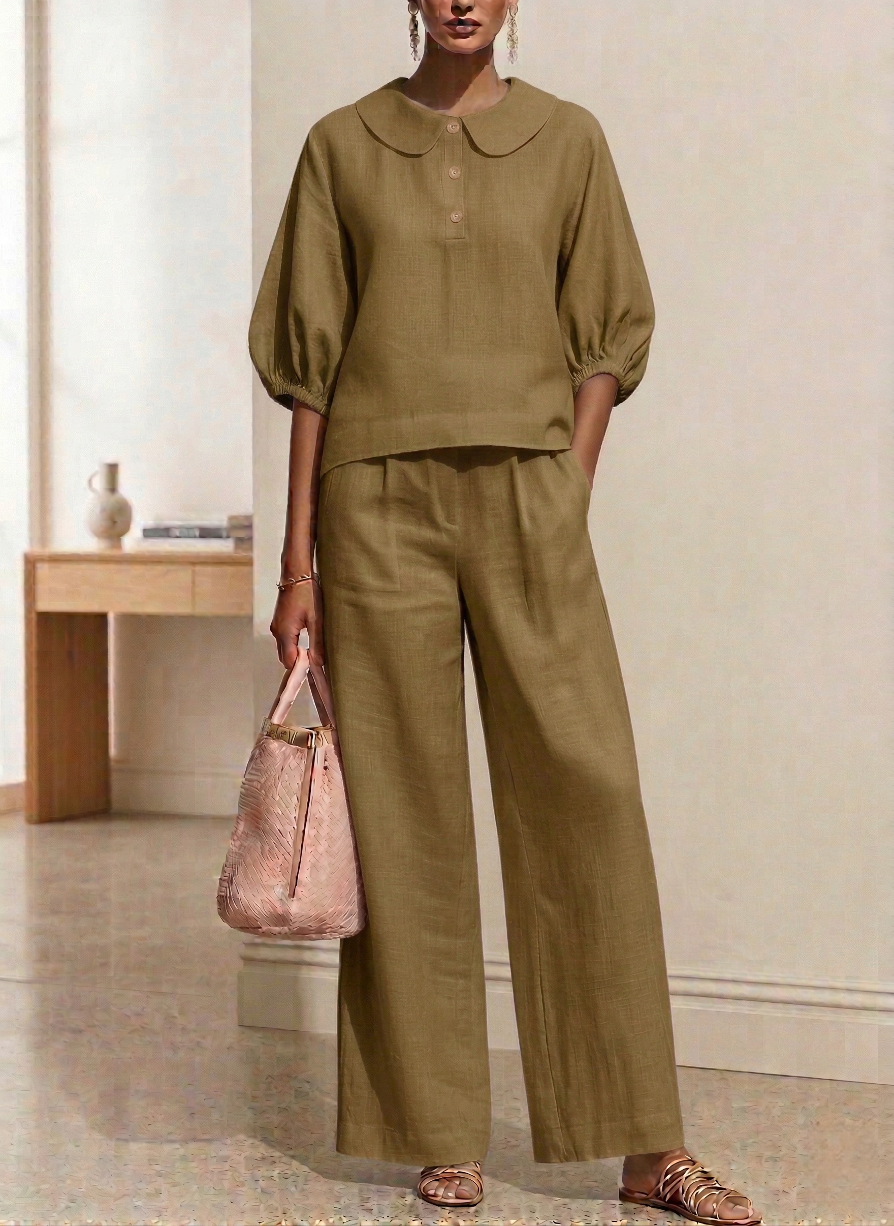 New Arrivals🔥Women's Elegant Cotton Linen Peter Pan Collar Two-Piece Set