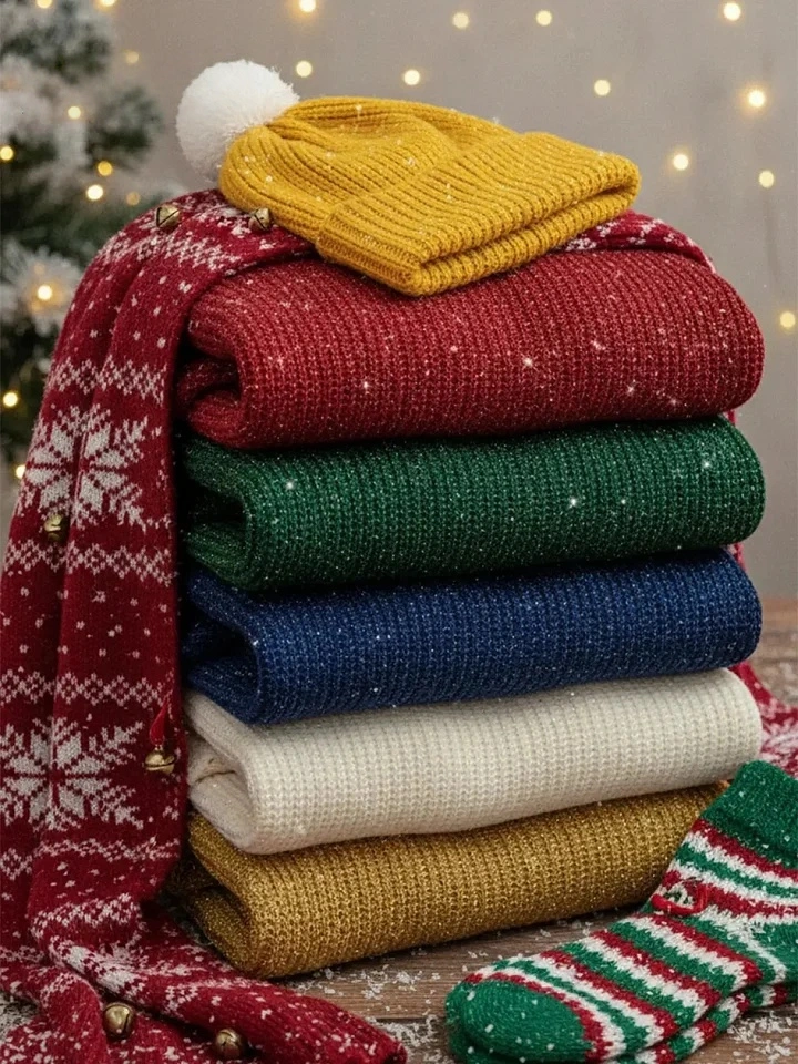 CLEARANCE SALE🔥Christmas Sparkling Cozy V-neck Lantern Sleeve Knit Sweater