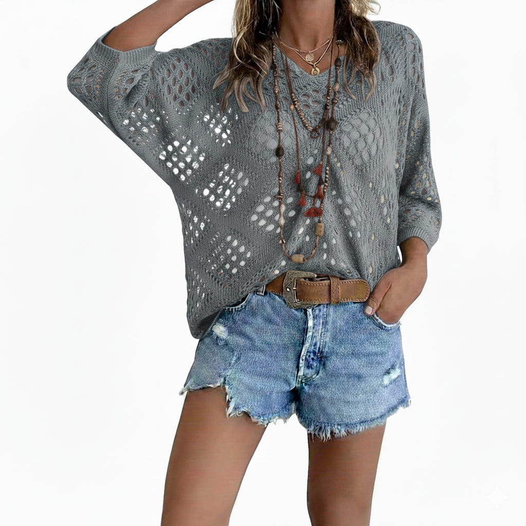 New Arrivals 🔥Women's Bohemian-Inspired Beige Crochet Top with V-Neck