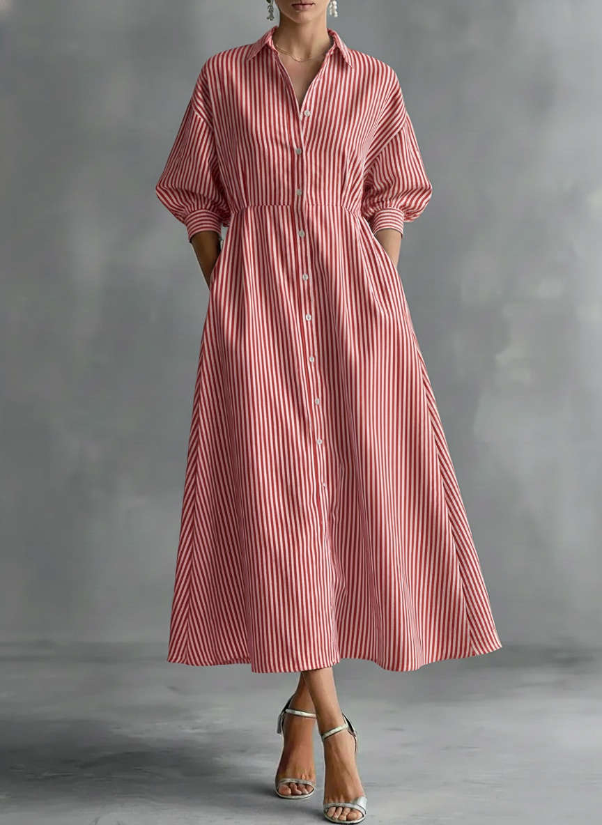 New Arrivals🔥Women's Striped Art Lapel Button Art Casual Stylish Cotton Linen Dress