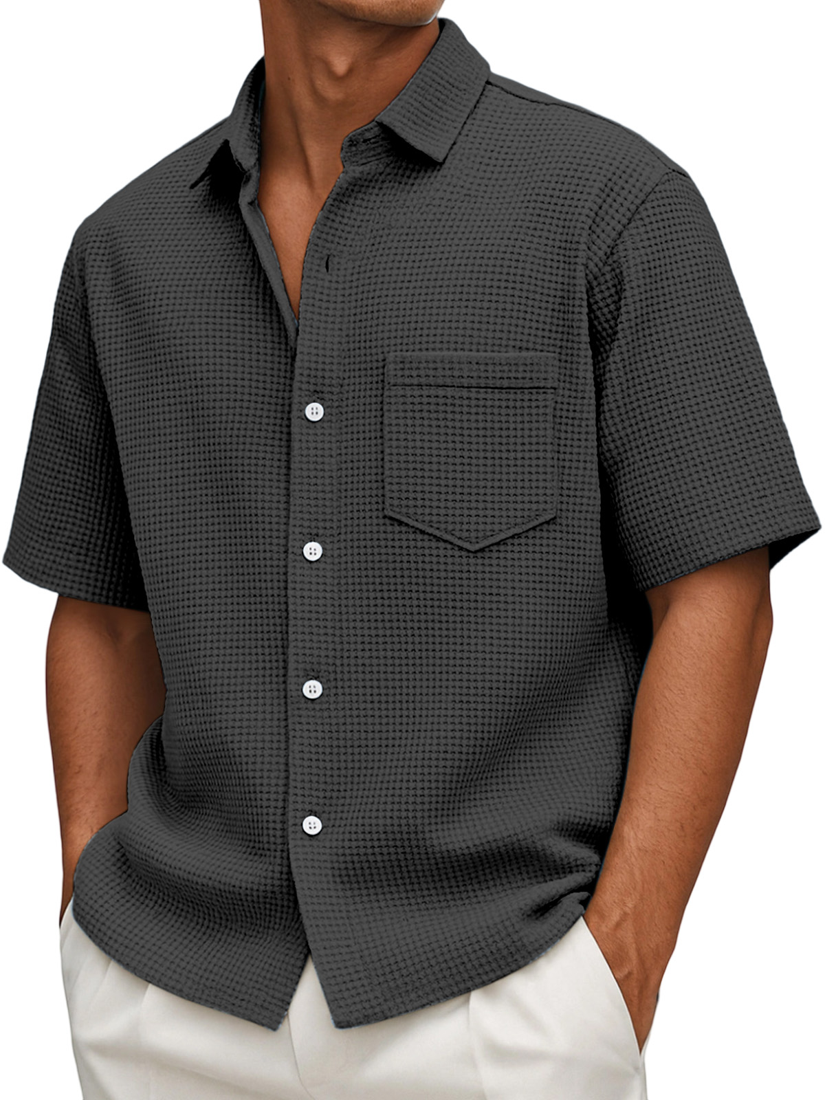 Men's Loose Casual Waffle Solid Color Button Short Sleeve Shirt