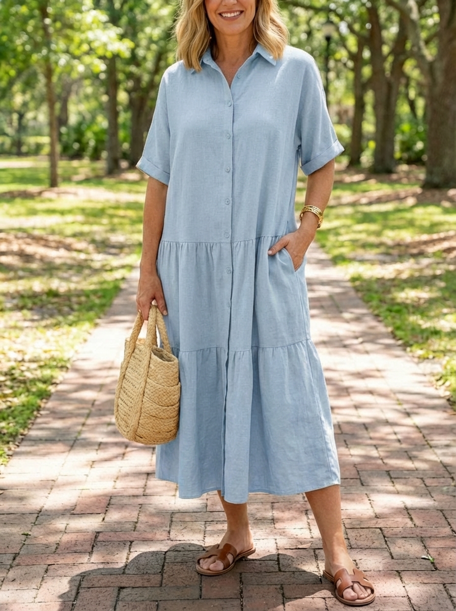 New Arrivals 🔥 Women's Comfortable Lapel Button Loose Linen and Cotton Dress