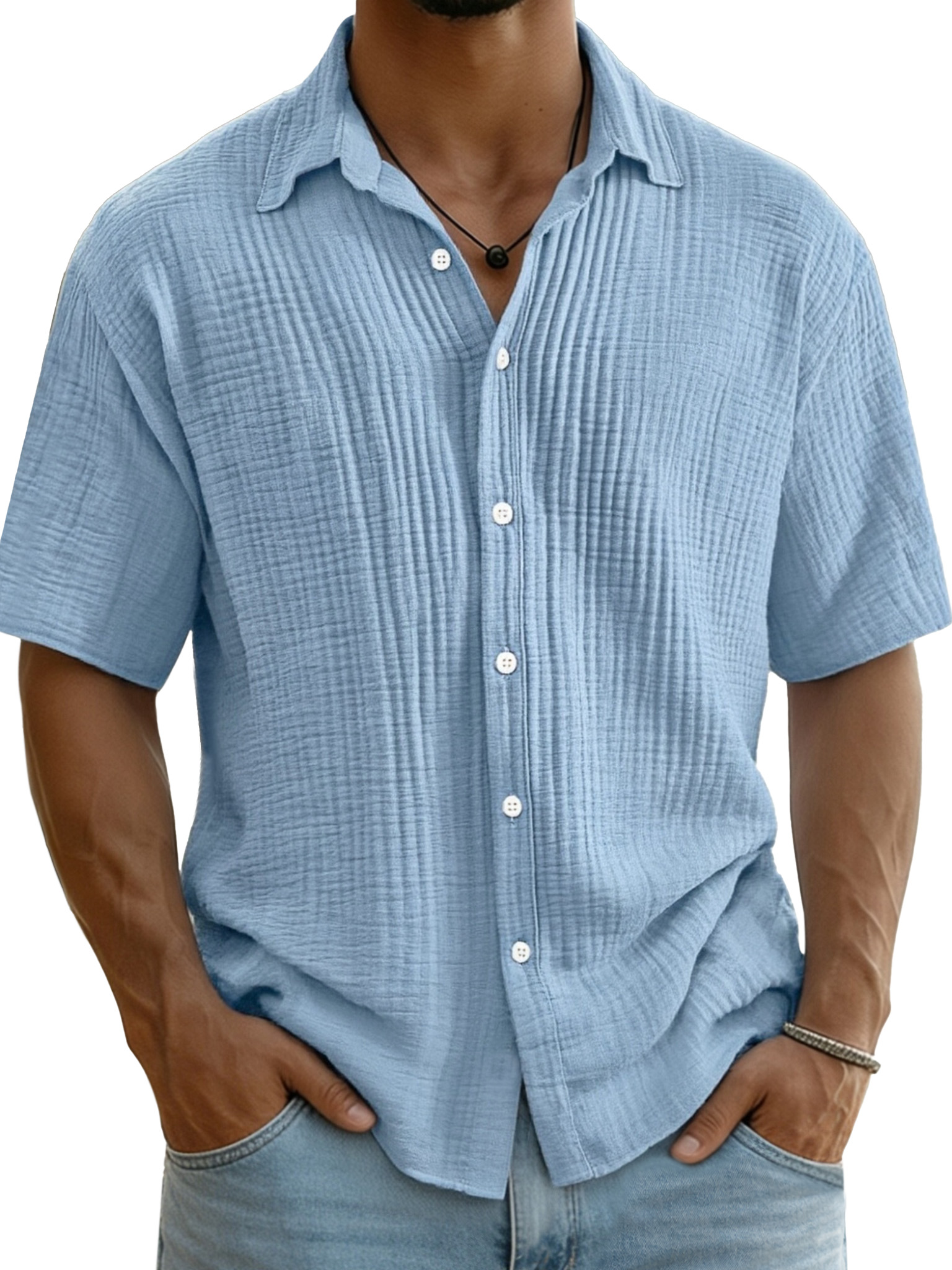 Men's Pure Cotton Textured Breathable Lapel Short-Sleeved Shirt