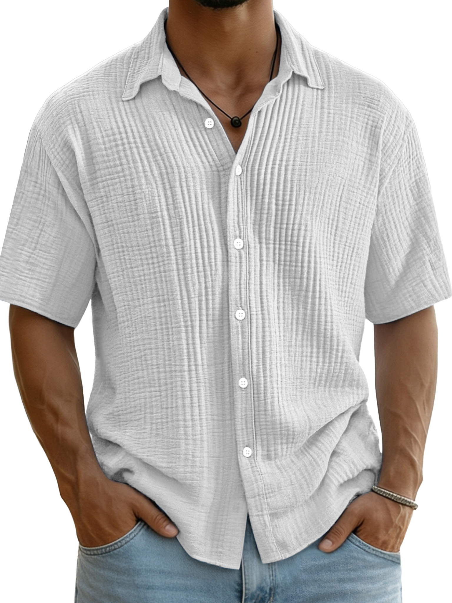 Men's Pure Cotton Textured Breathable Lapel Short-Sleeved Shirt