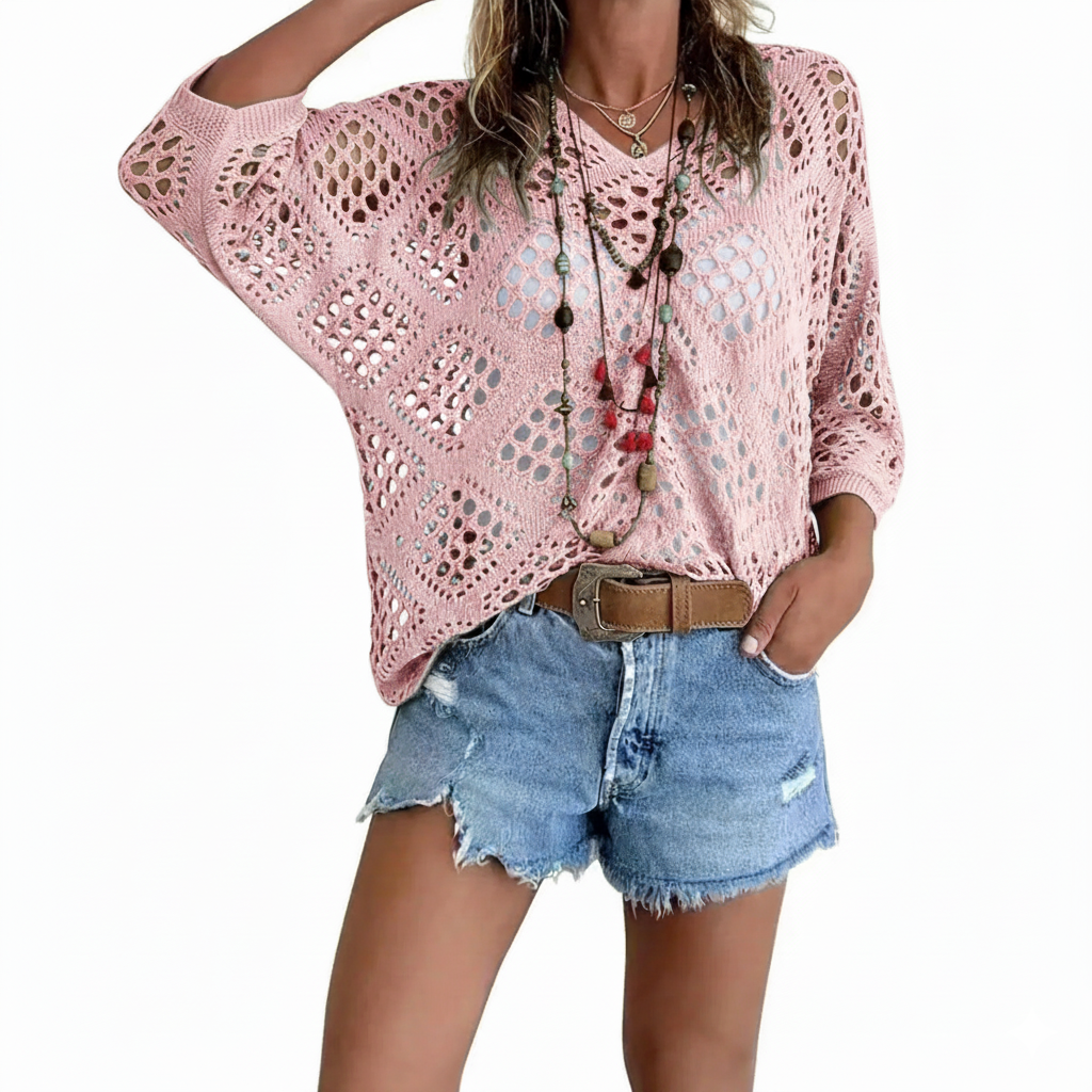 New Arrivals 🔥Women's Bohemian-Inspired Beige Crochet Top with V-Neck