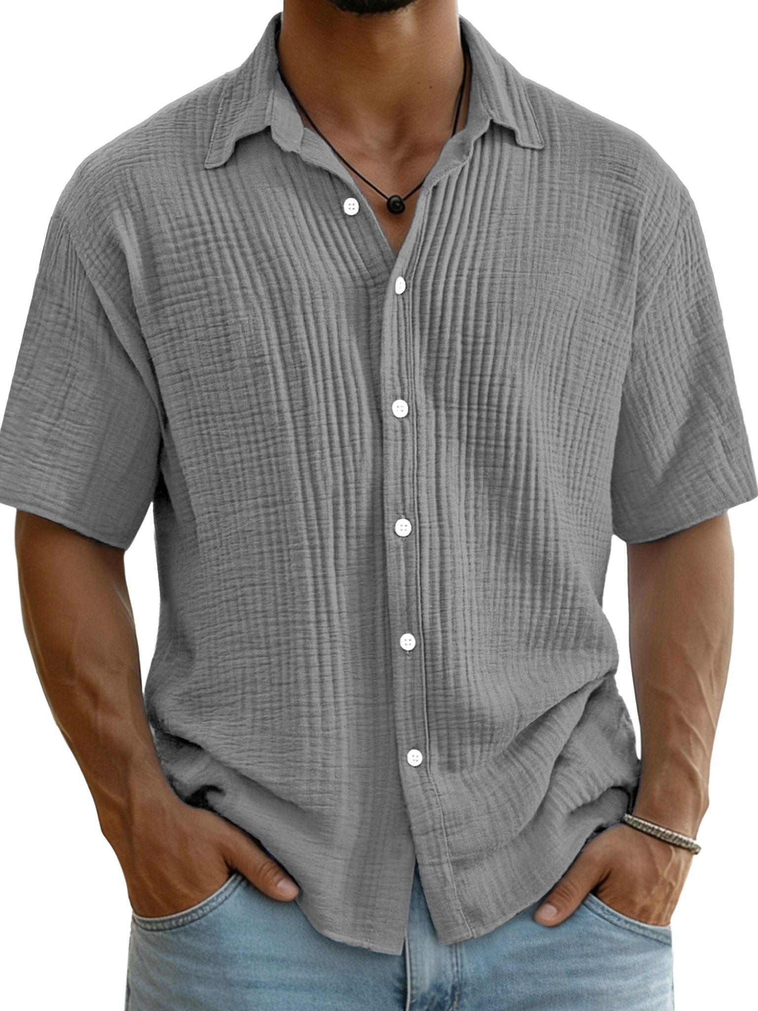 Men's Pure Cotton Textured Breathable Lapel Short-Sleeved Shirt