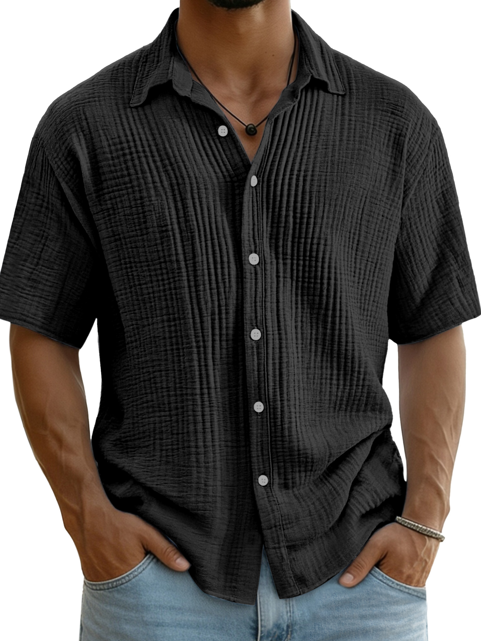 Men's Pure Cotton Textured Breathable Lapel Short-Sleeved Shirt