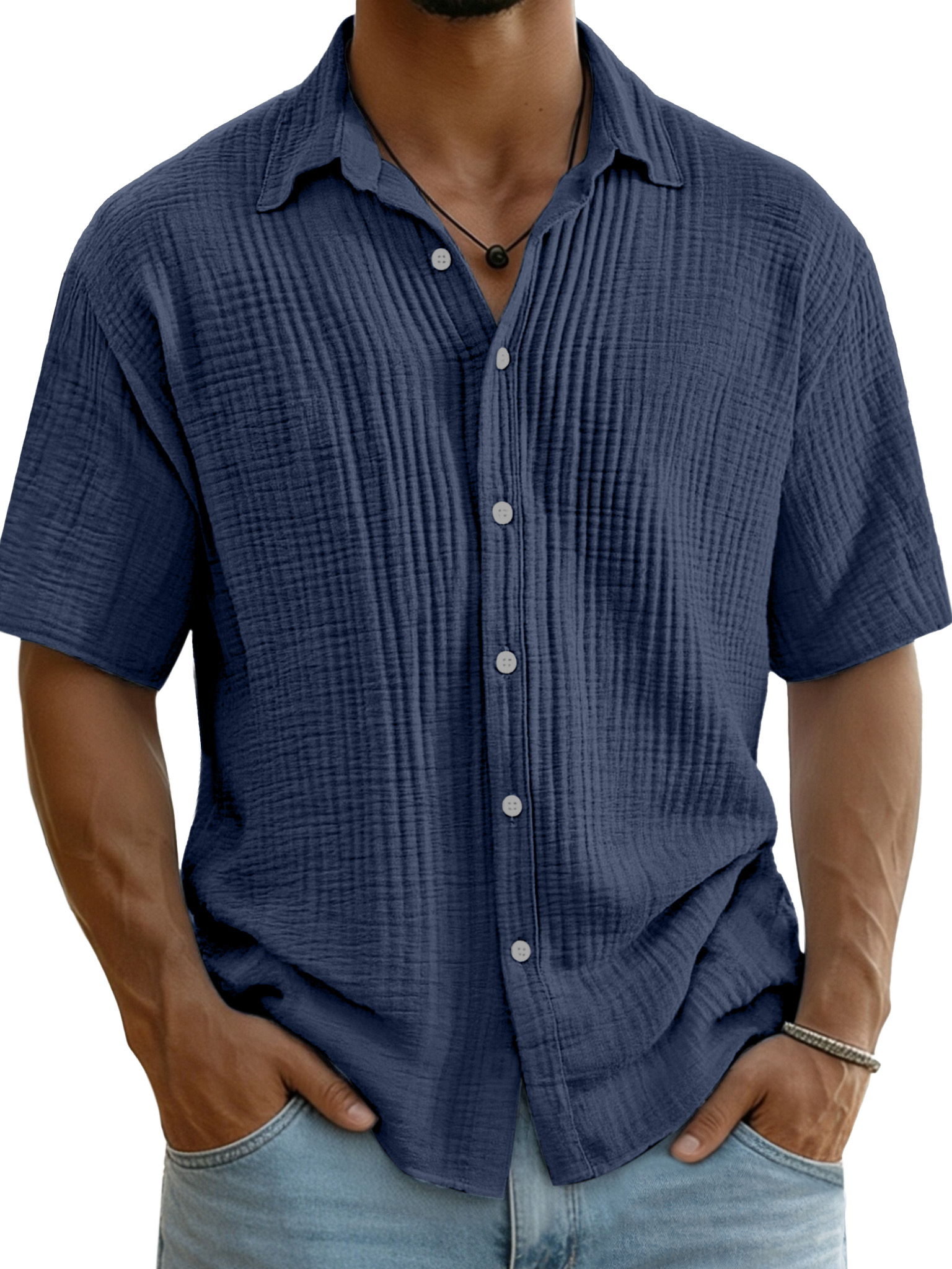 Men's Pure Cotton Textured Breathable Lapel Short-Sleeved Shirt