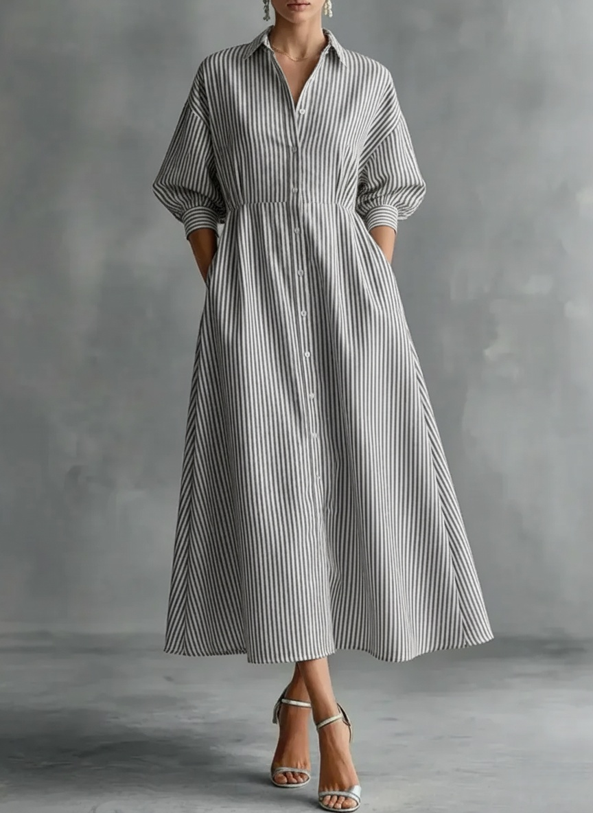 New Arrivals🔥Women's Striped Art Lapel Button Art Casual Stylish Cotton Linen Dress