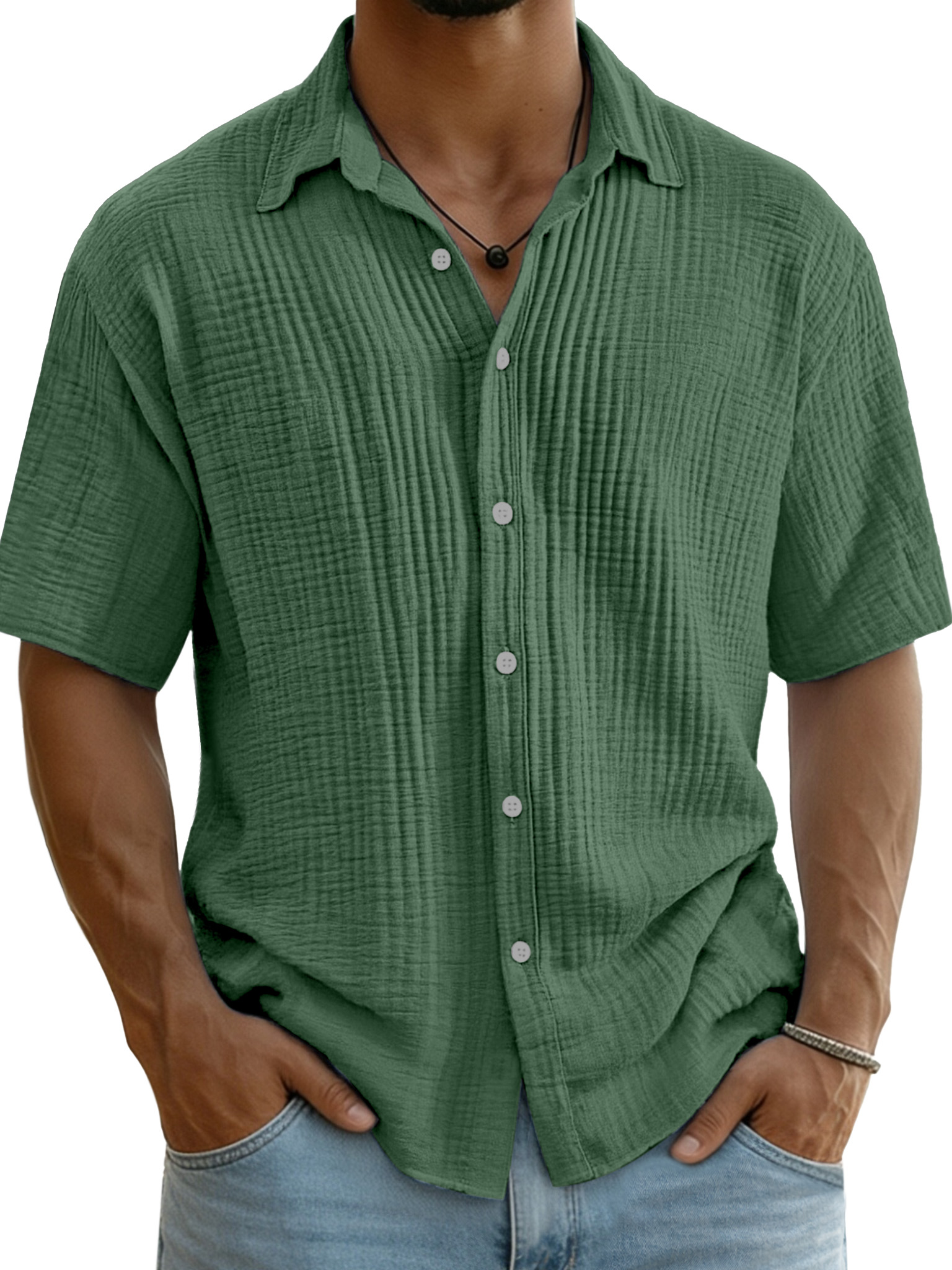 Men's Pure Cotton Textured Breathable Lapel Short-Sleeved Shirt