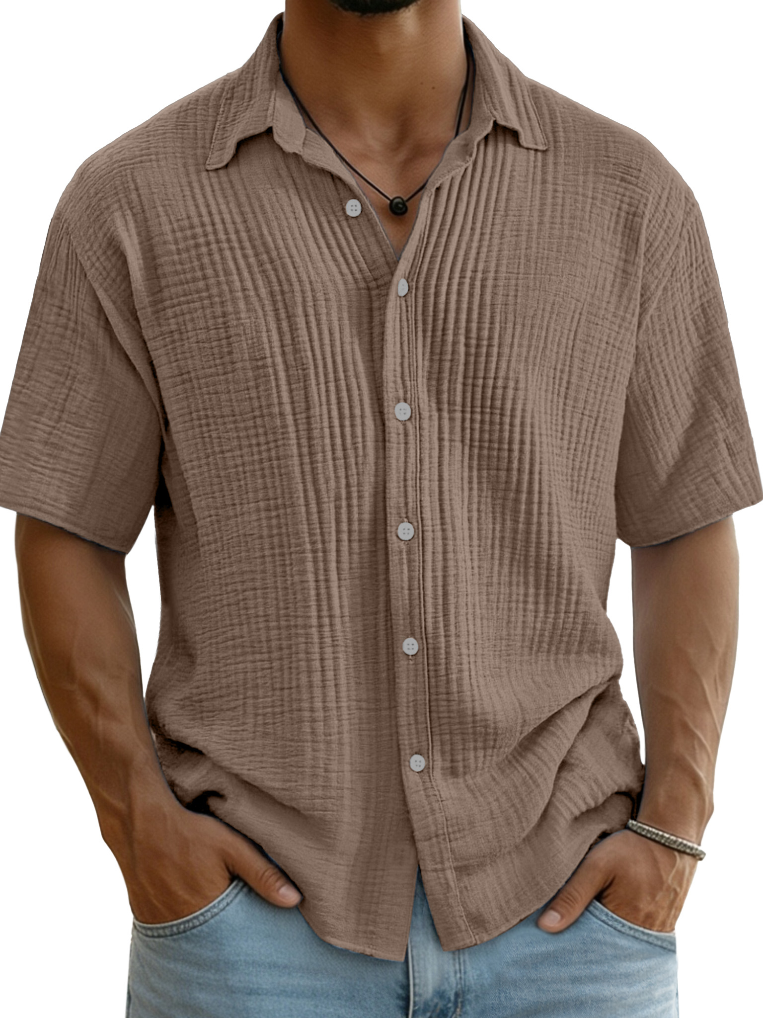 Men's Pure Cotton Textured Breathable Lapel Short-Sleeved Shirt