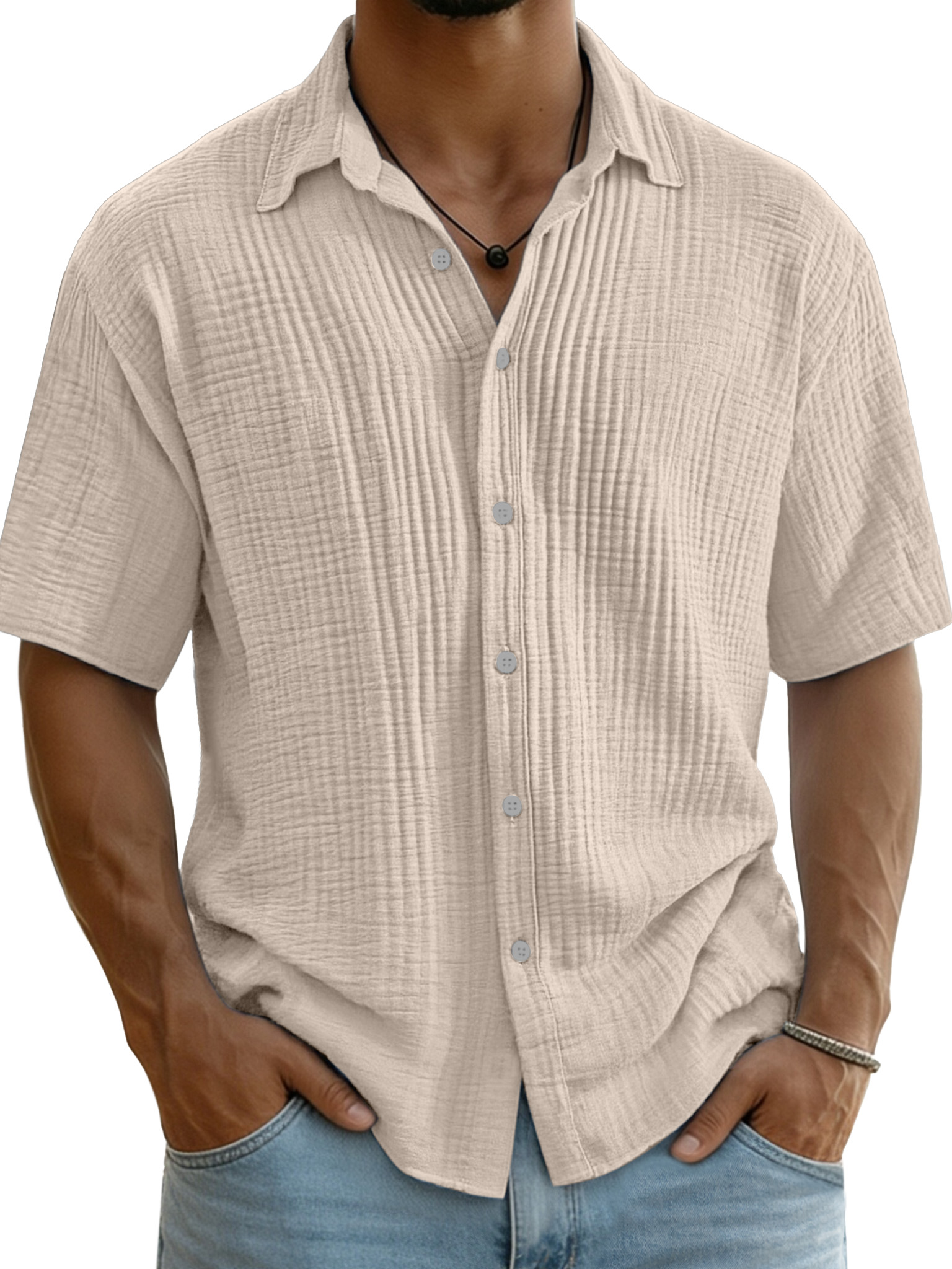 Men's Pure Cotton Textured Breathable Lapel Short-Sleeved Shirt