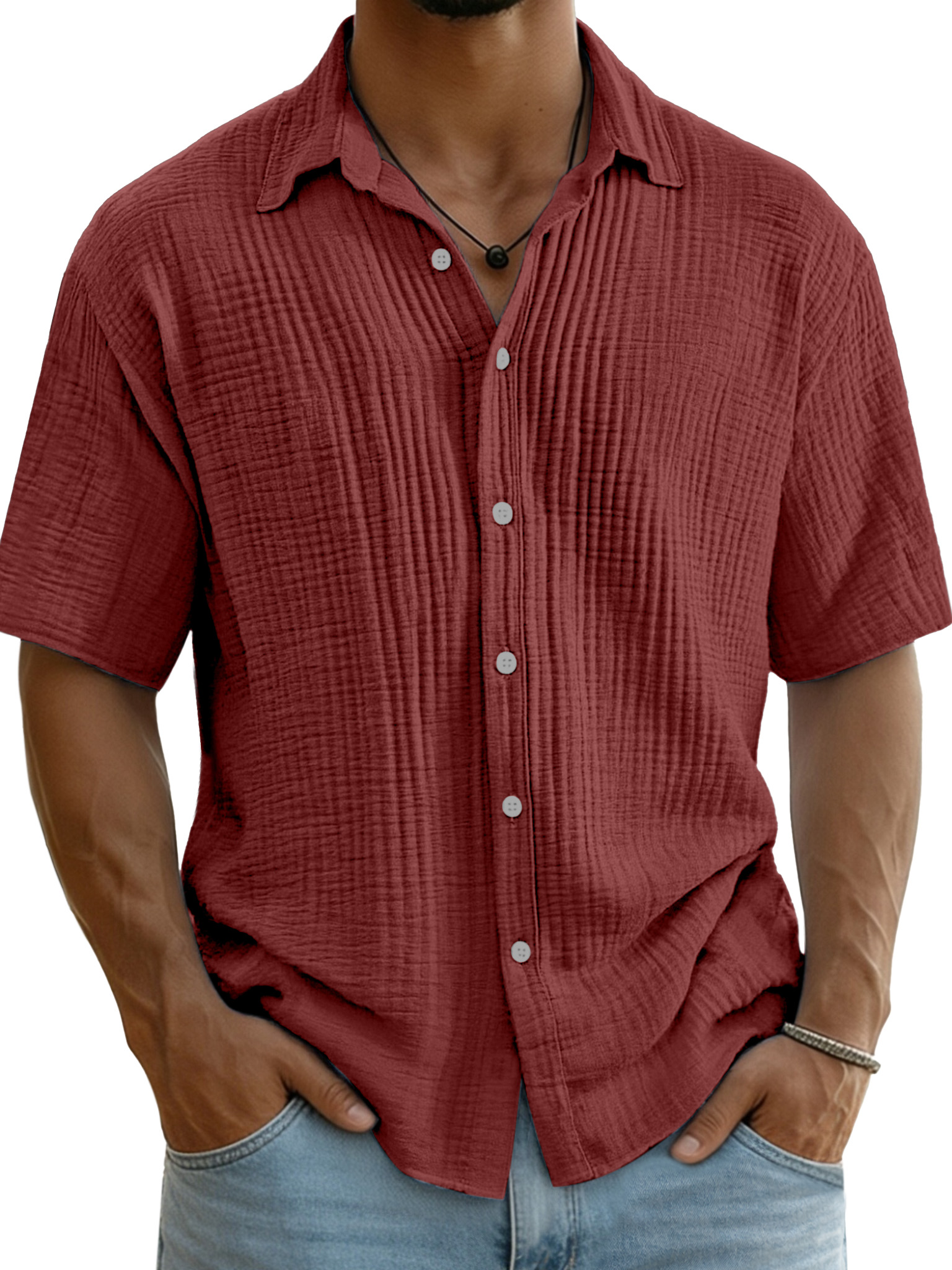 Men's Pure Cotton Textured Breathable Lapel Short-Sleeved Shirt