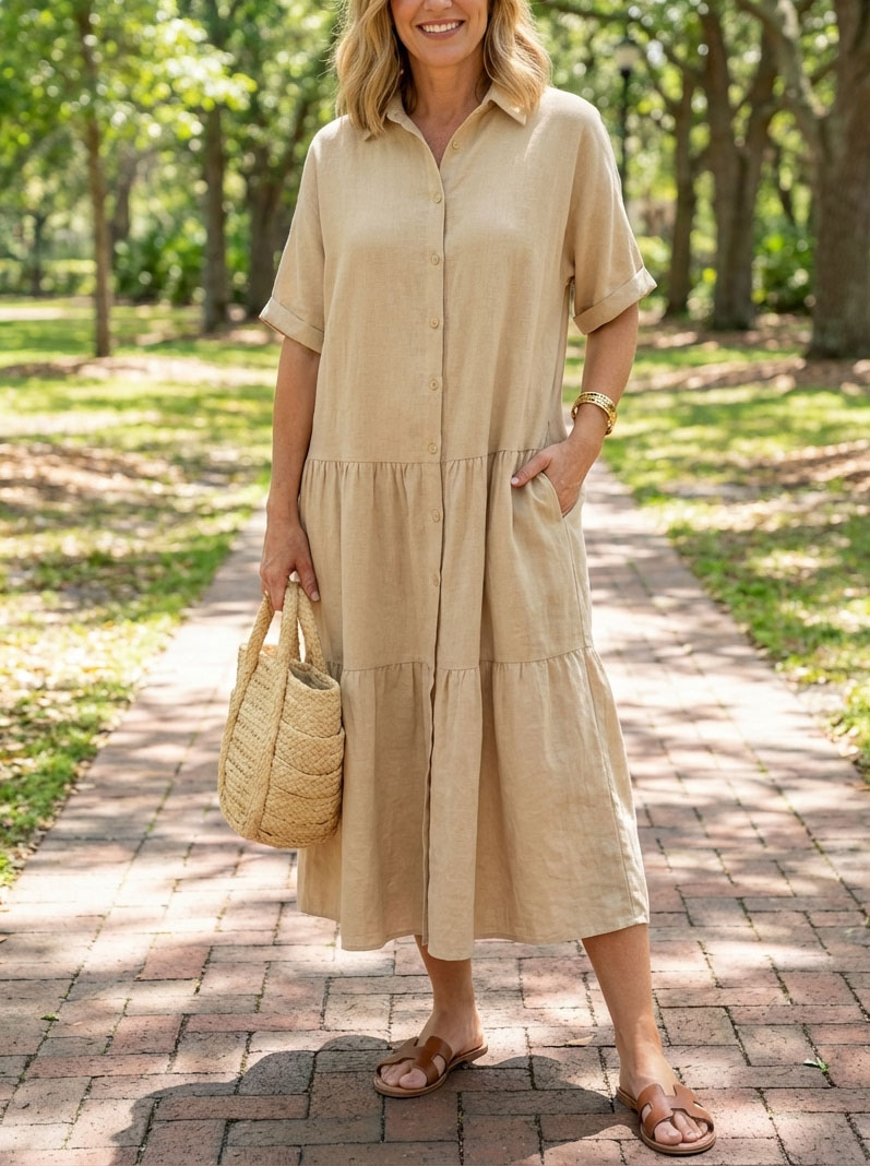 New Arrivals 🔥 Women's Comfortable Lapel Button Loose Linen and Cotton Dress