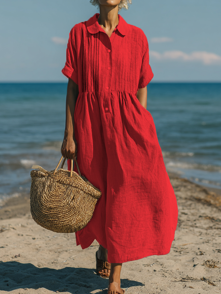 Women's Casual Cotton and Linen Peter Pan Collar Short Sleeve Dress