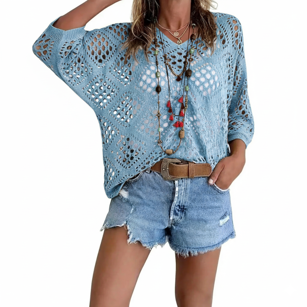 New Arrivals 🔥Women's Bohemian-Inspired Beige Crochet Top with V-Neck