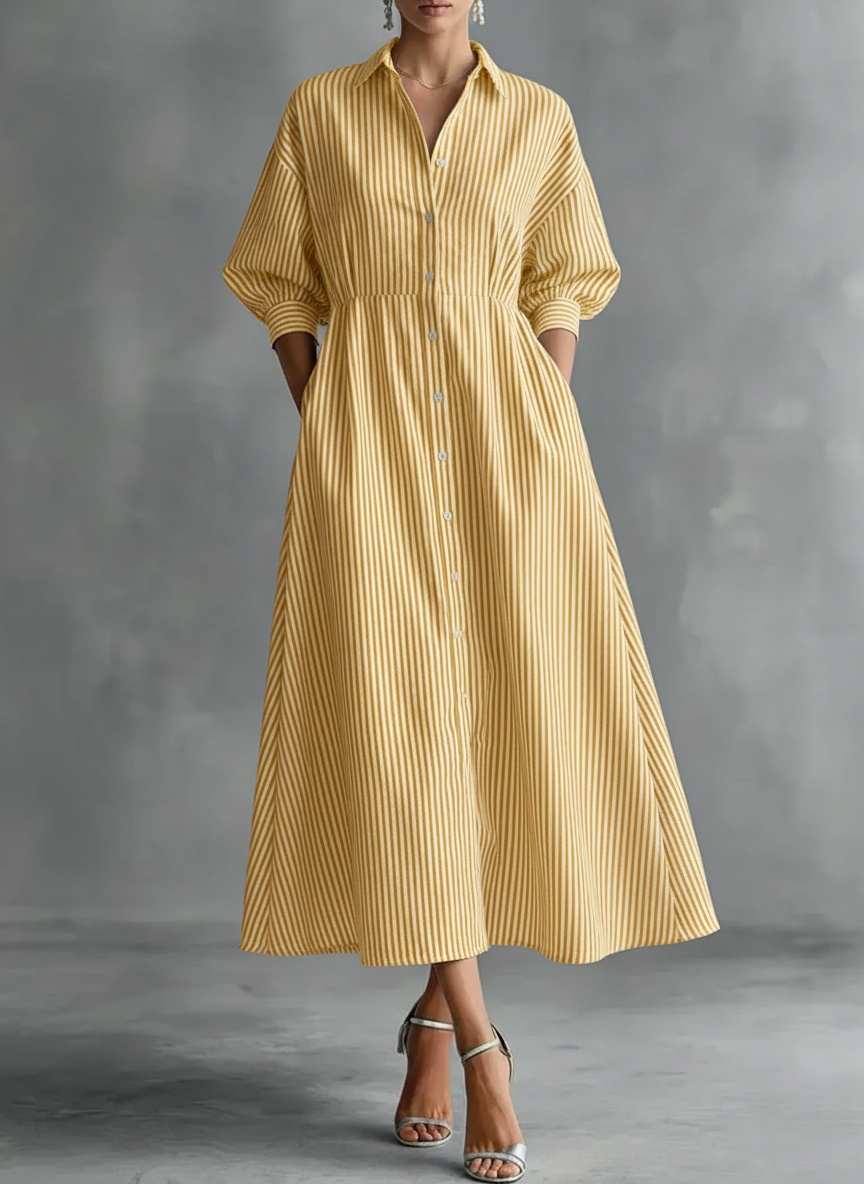 New Arrivals🔥Women's Striped Art Lapel Button Art Casual Stylish Cotton Linen Dress