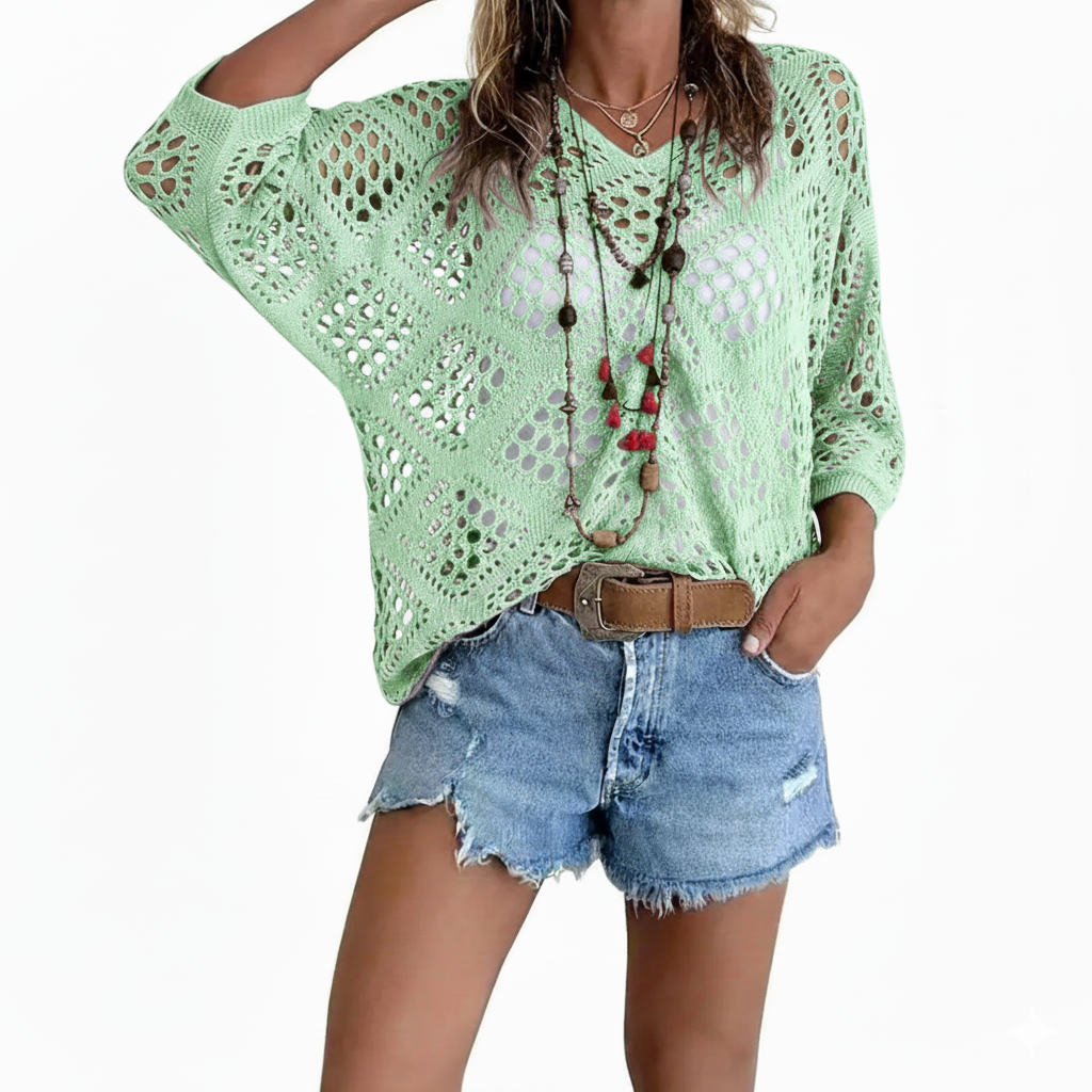 New Arrivals 🔥Women's Bohemian-Inspired Beige Crochet Top with V-Neck