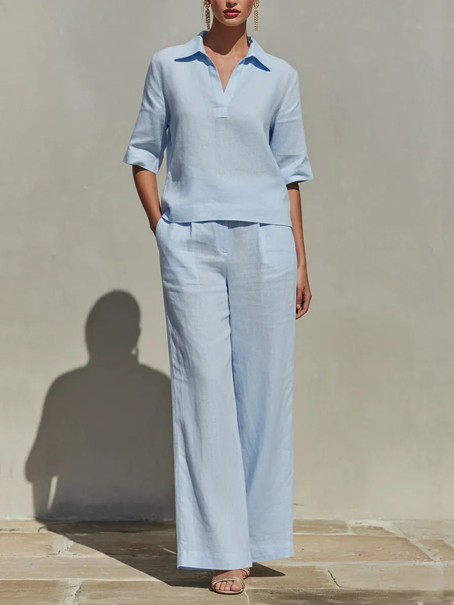 Women's Solid-color Cotton & Linen Set: V-neck Short-sleeve Loose-fit Top And High-waisted Wide-leg Pants