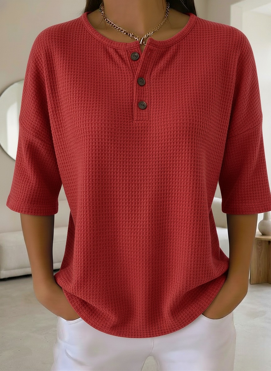 New Arrivals🔥Women's Casual Waffle Henry Collar 4/3 Sleeves T-shirt