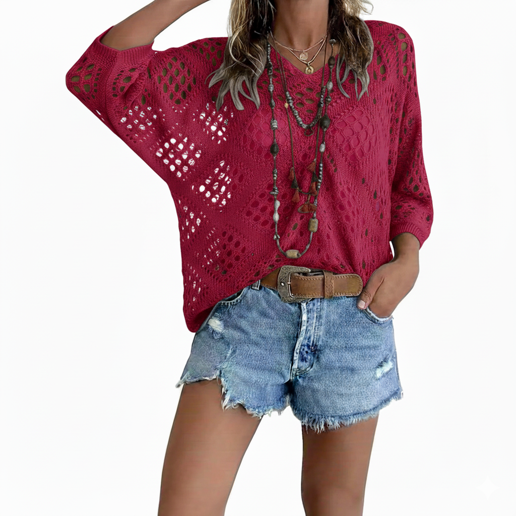 New Arrivals 🔥Women's Bohemian-Inspired Beige Crochet Top with V-Neck