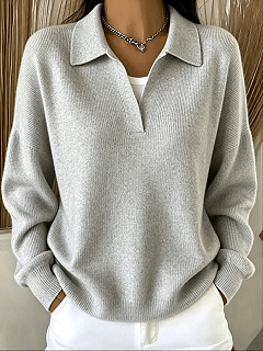 Gerippter Damen-Polopullover in Cremewei&szlig;