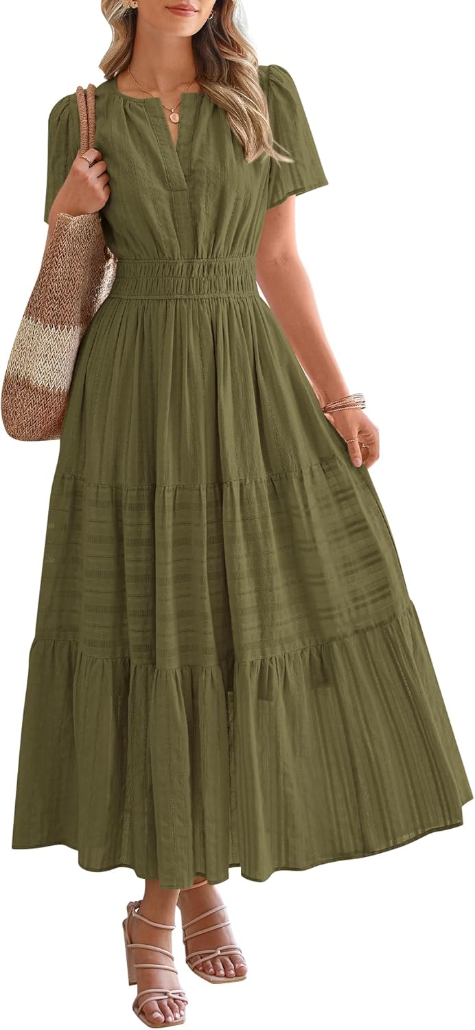 Womens Summer 2025 Casual Midi Maxi Dresses Lightweight Short Sleeve V Neck Elastic Waist Boho Beach Dress Pockets