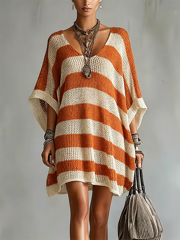 CLEARANCE SALE🔥Women's Striped Crochet Knit Mini Dress