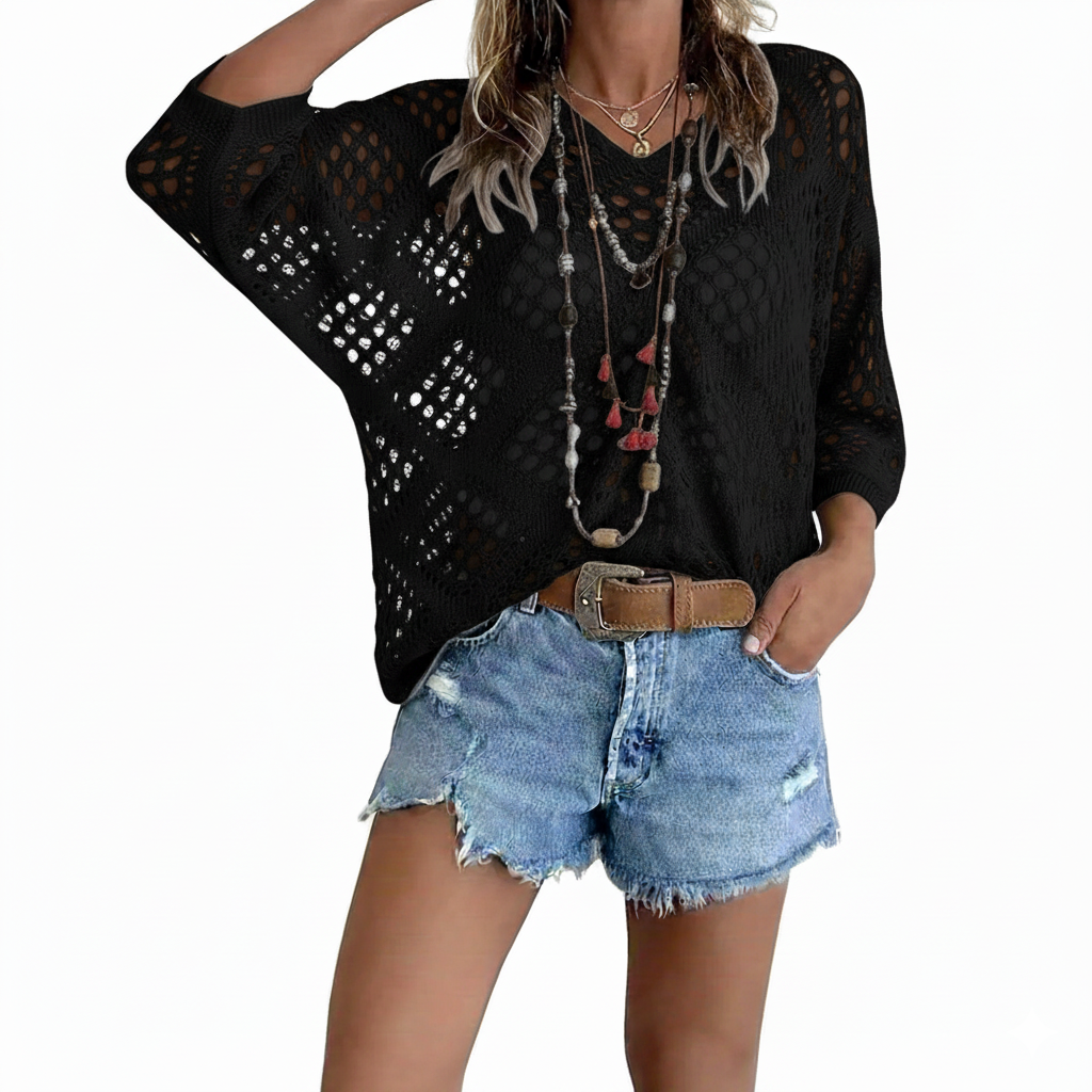 New Arrivals 🔥Women's Bohemian-Inspired Beige Crochet Top with V-Neck