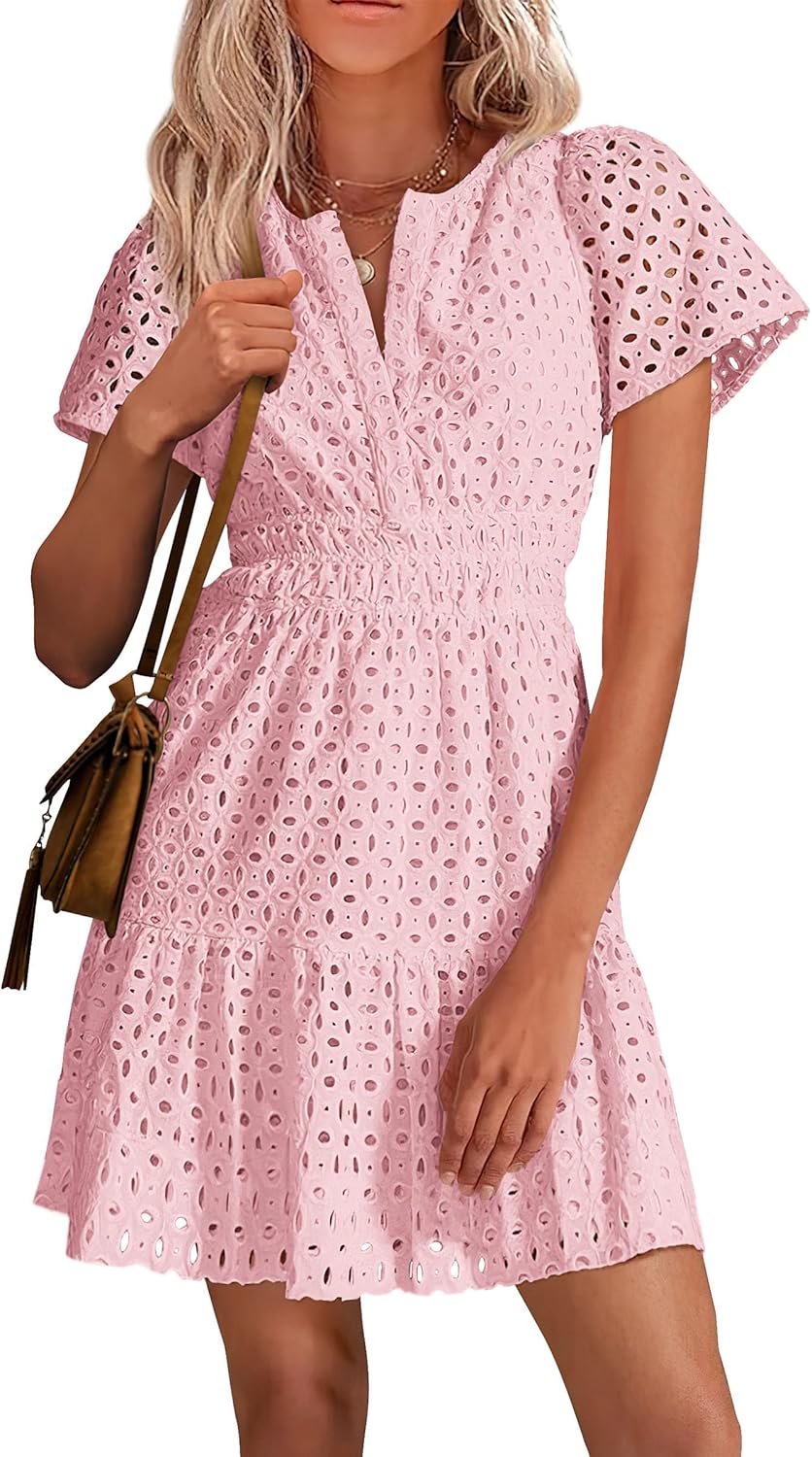 PRETTYGARDEN Womens 2025 Summer Short Dress V Neck Short Sleeve A Line Hollow Out Lace Ruffle Cute Casual Beach Party Dresses