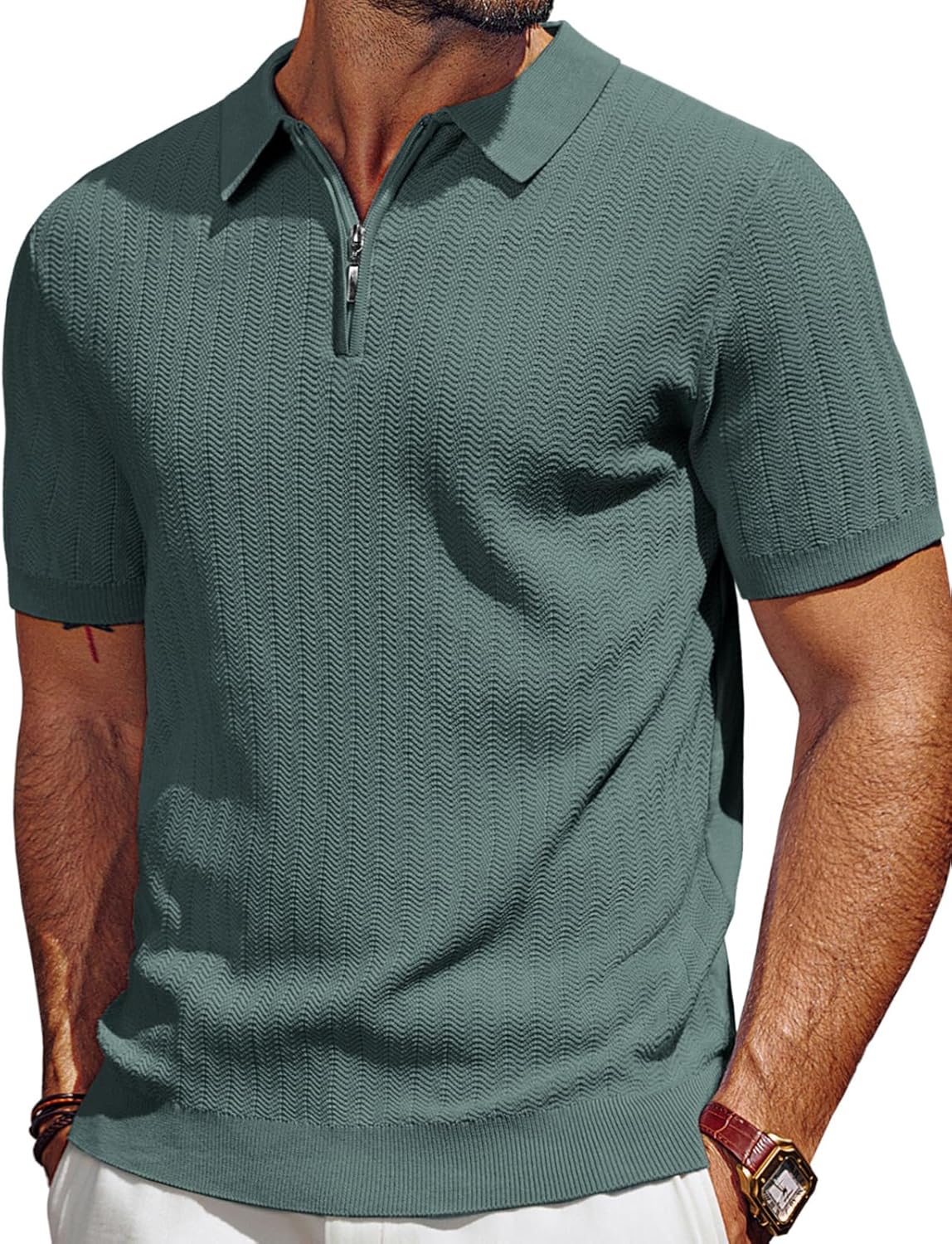 Men's Polo Shirts Quarter Zip Textured Knit Shirts Summer Shirt