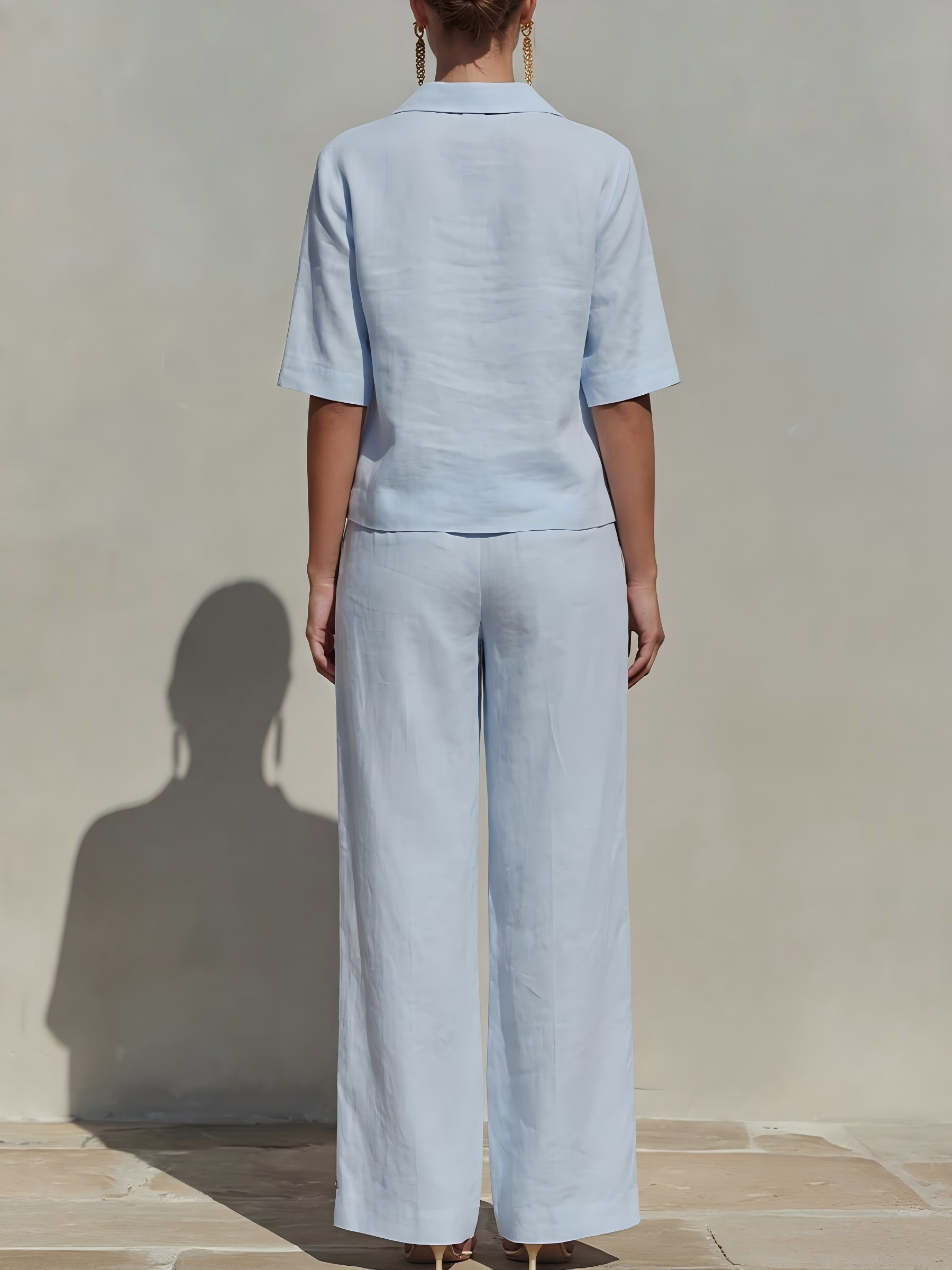 Women's Solid-color Cotton & Linen Set: V-neck Short-sleeve Loose-fit Top And High-waisted Wide-leg Pants