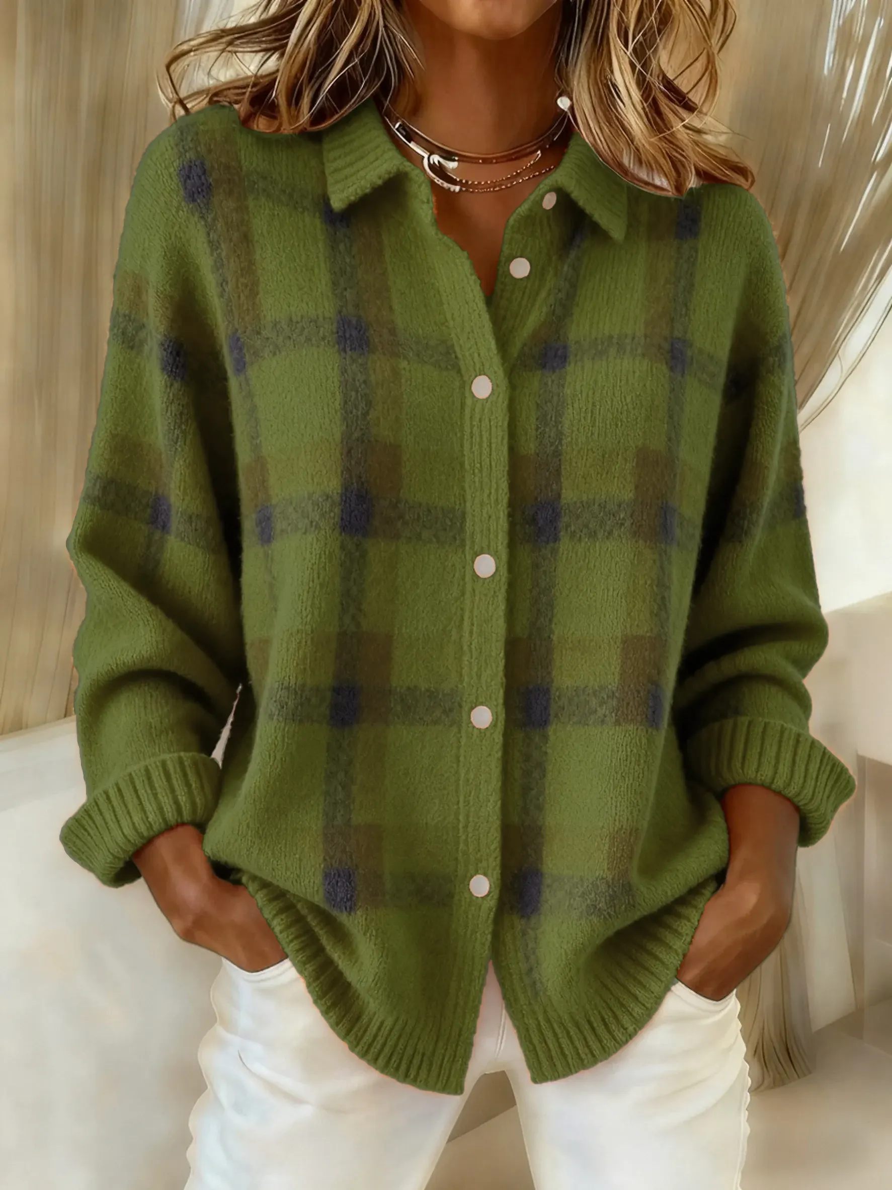 CLEARANCE SALE🔥Women's Casual Contrast Color Autumn And Winter Retro Plaid Print Buttoned Cardigan Sweater