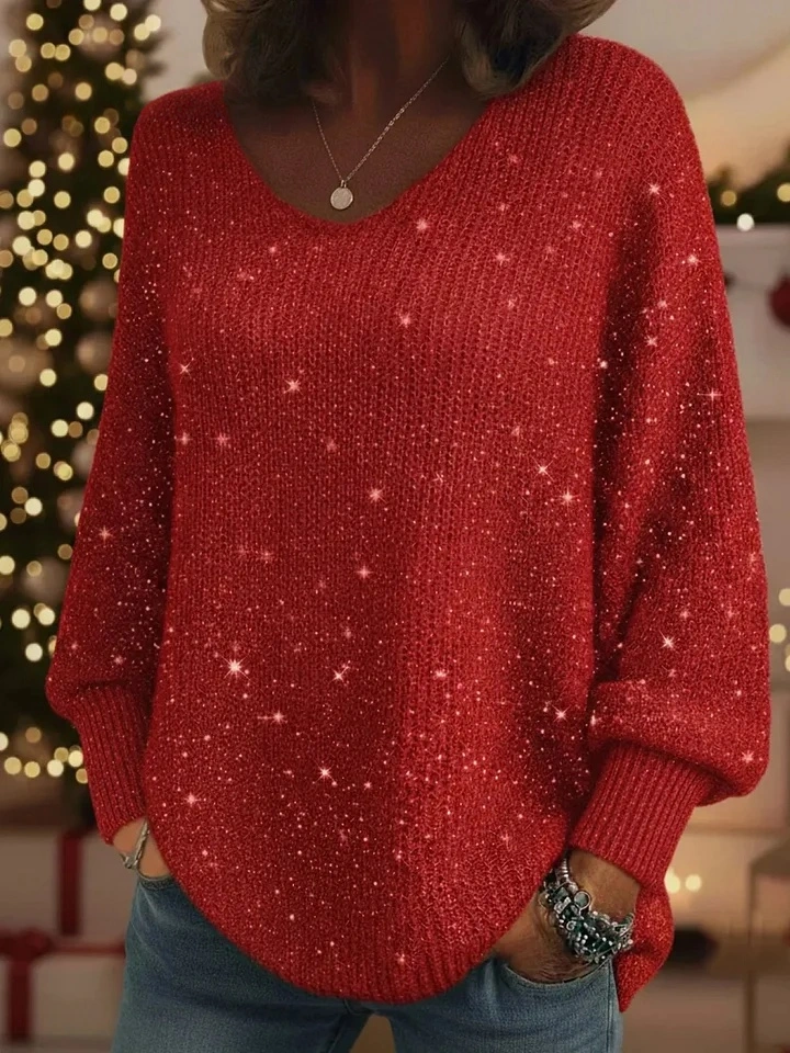CLEARANCE SALE🔥Christmas Sparkling Cozy V-neck Lantern Sleeve Knit Sweater