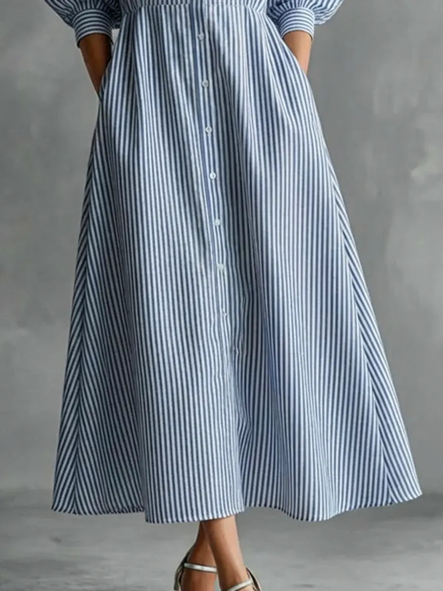 Women's Striped Art Lapel Button Art Casual Stylish Cotton Linen Dress