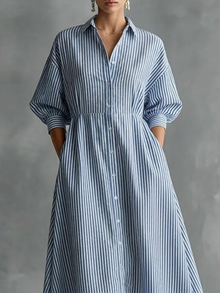 Women's Striped Art Lapel Button Art Casual Stylish Cotton Linen Dress