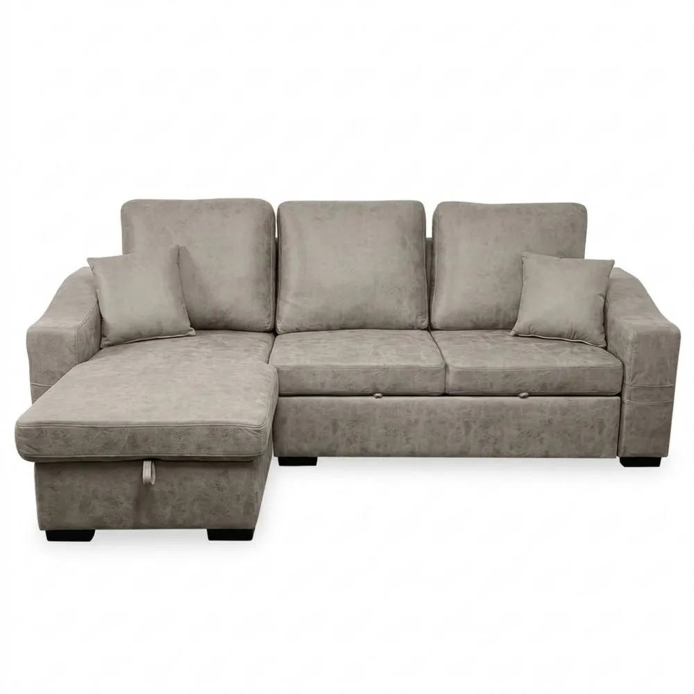 Sofá Cama Chaise Longue con Baúl de Almacenamiento, Diseño Moderno y Funcional, con Reposabrazos y Cojines Decorativos, Gris-Wohnlichter