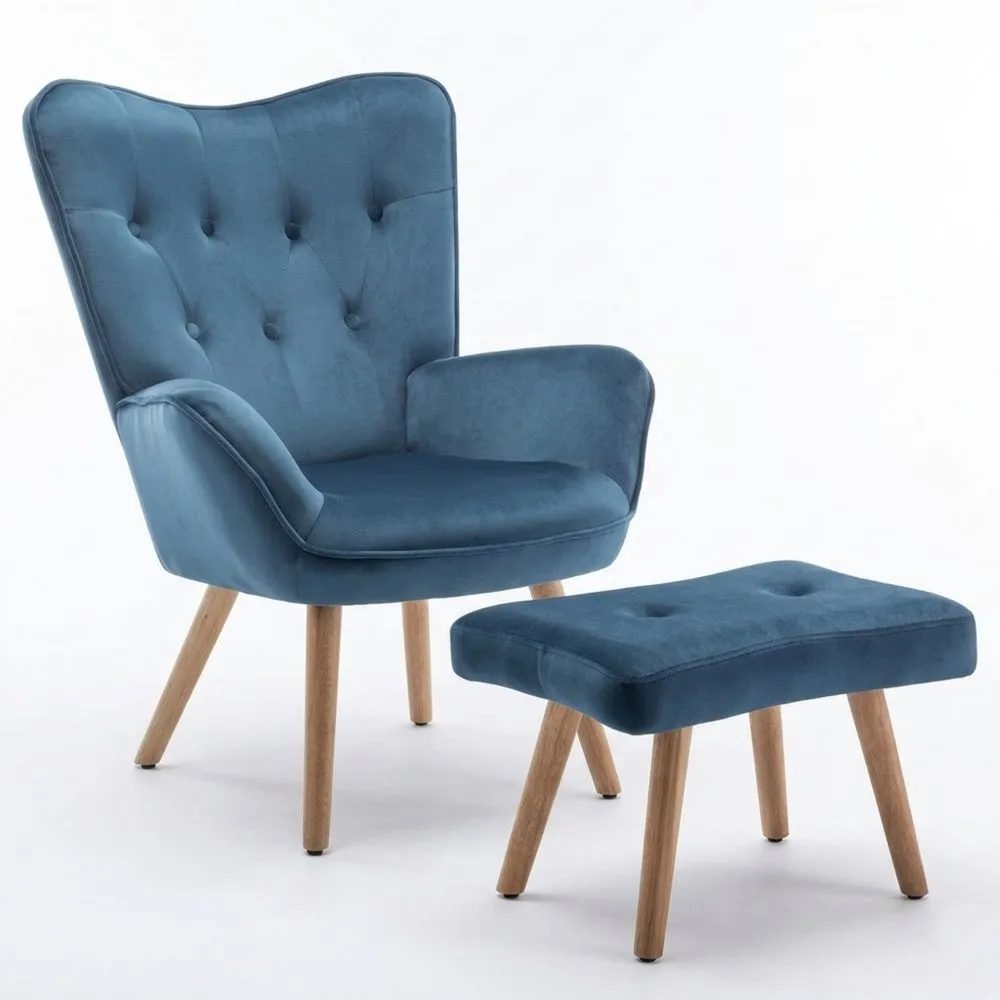 Sillón con reposapiés cómodo para sala de estar y dormitorio, azul-Wohnlichter